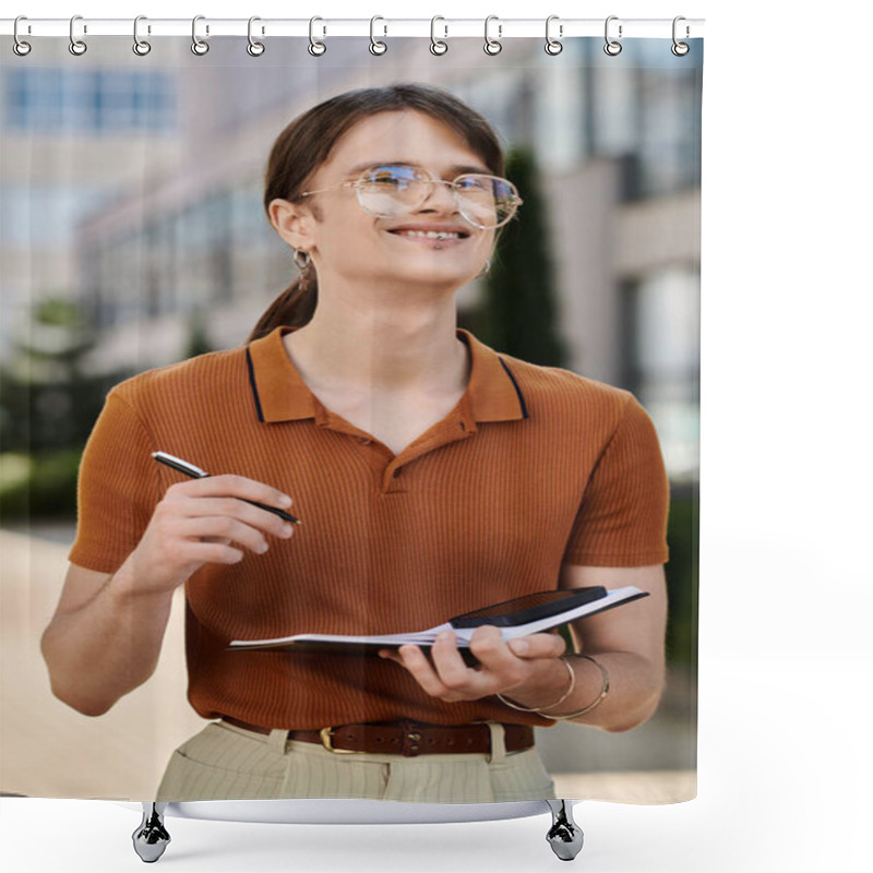 Personality  A Young Non Binary Person Holds A Notebook And Smiles While Engaging In Creative Thoughts Outdoors. Shower Curtains