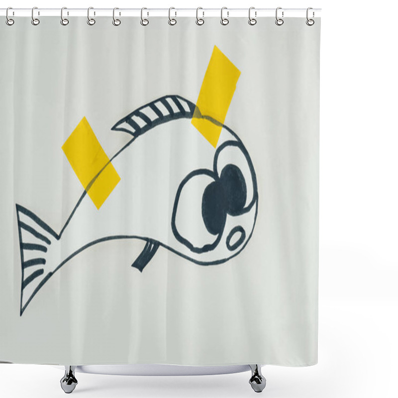 Personality  Close Up View Of Hand Drawn Fish With Sticky Tapes Isolated On Grey, April Fools Day Holiday Concept Shower Curtains