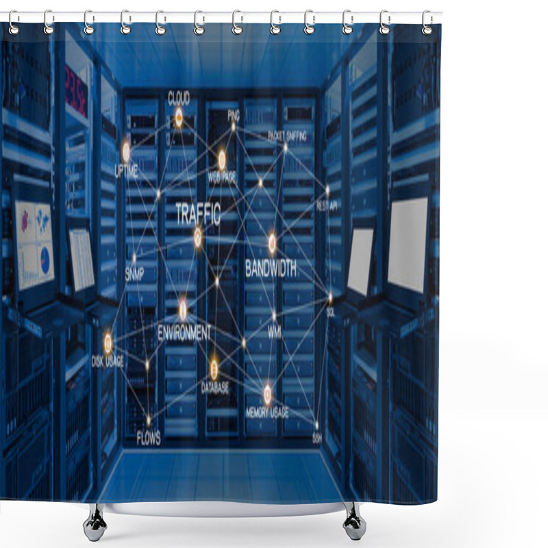 Personality  Network Monitoring Concept, Connection Monitoring Services Icon On Data Center Room Shower Curtains