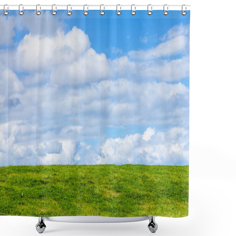 Personality  Green Grass Background Showing An Horizon Of Cumulous Fluffy Clouds With A Blue Sky In An Agricultural Pasture Field, Stock Photo Image With Copy Space Shower Curtains