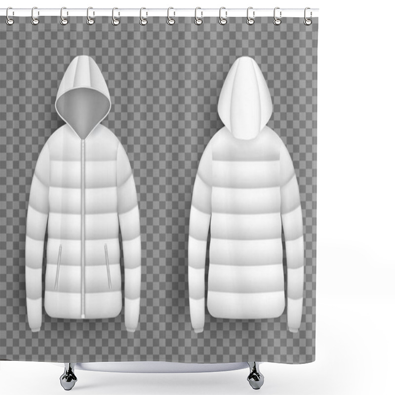 Personality  White Puffer Jacket Mockup Set, Vector Isolated Illustration. Realistic Modern Hooded Down Jacket, Front And Back View. Shower Curtains