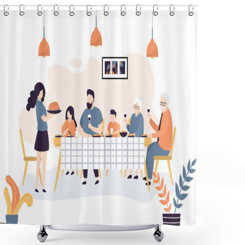 Personality  The Huge Family Is Sitting At The Table. People Eat Together. Family Portrait Banner. Grandparents, Parents And Two Children. Dining Room Ot Kitchen Interior. Trendy Style Vector Illustration Shower Curtains