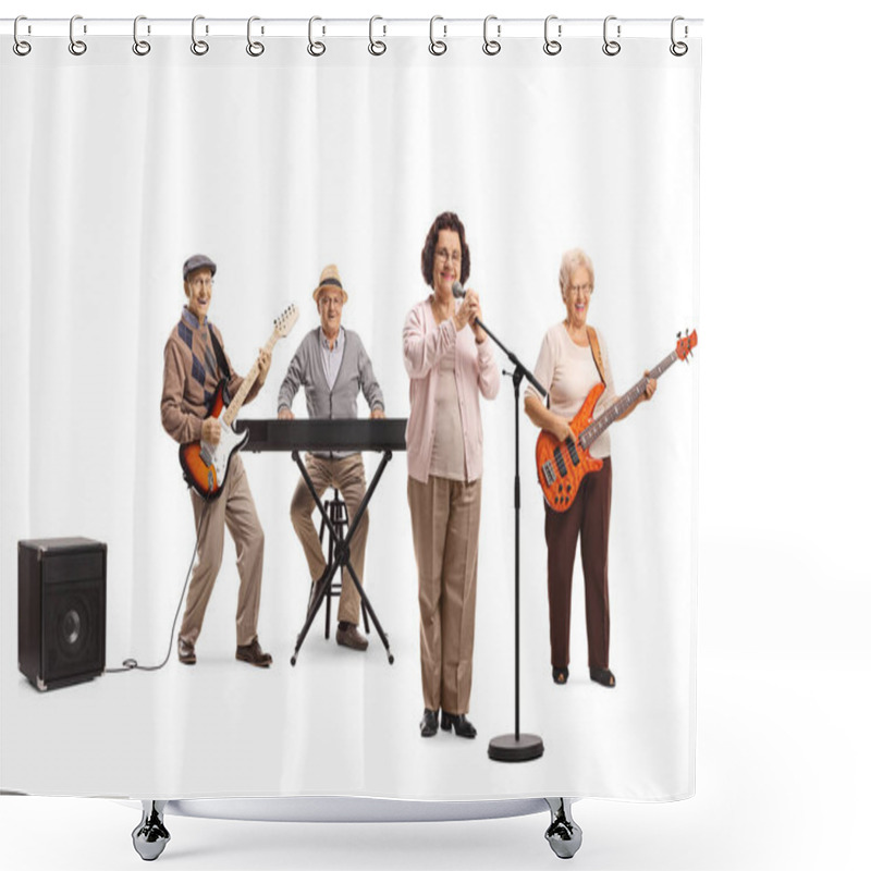 Personality  Elderly Female Singing And An Elderly Men And Woman Playing Guit Shower Curtains