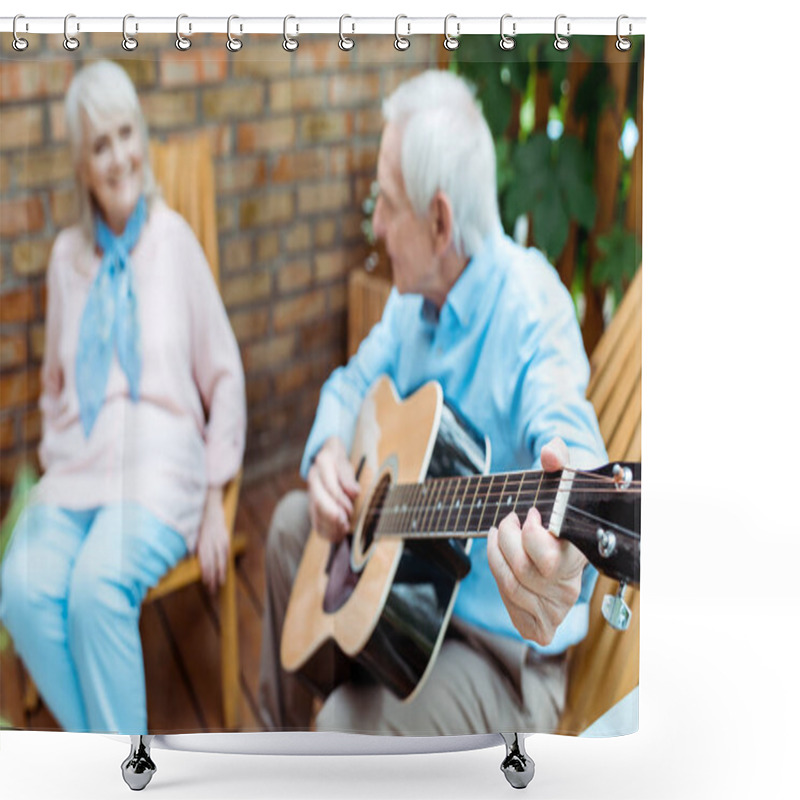 Personality  Selective Focus Of Retired Husband Playing Acoustic Guitar Near Wife  Shower Curtains