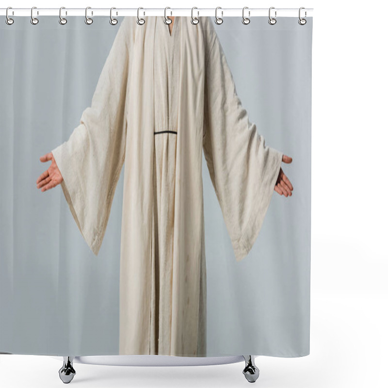 Personality  Cropped View Of Man In Jesus Robe With Outstretched Hands Isolated On Grey  Shower Curtains