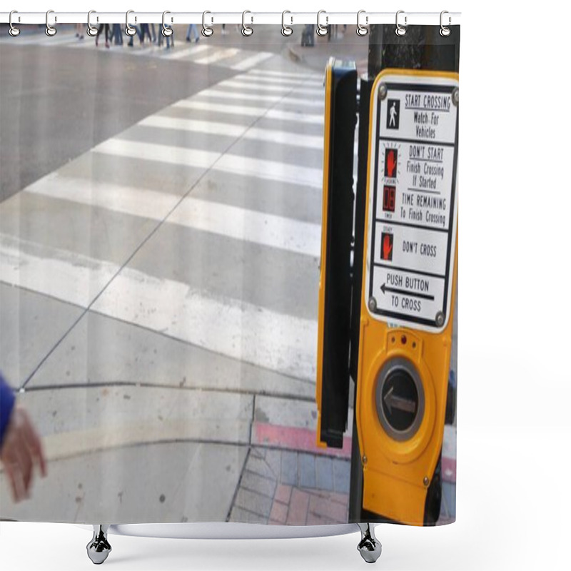 Personality  Traffic Light Button On Pedestrian Crosswalk, People Have To Push And Wait. Traffic Rules And Regulations For Public Safety In USA. Zebra Street Crossing On Road Intesection In San Diego, California. Shower Curtains