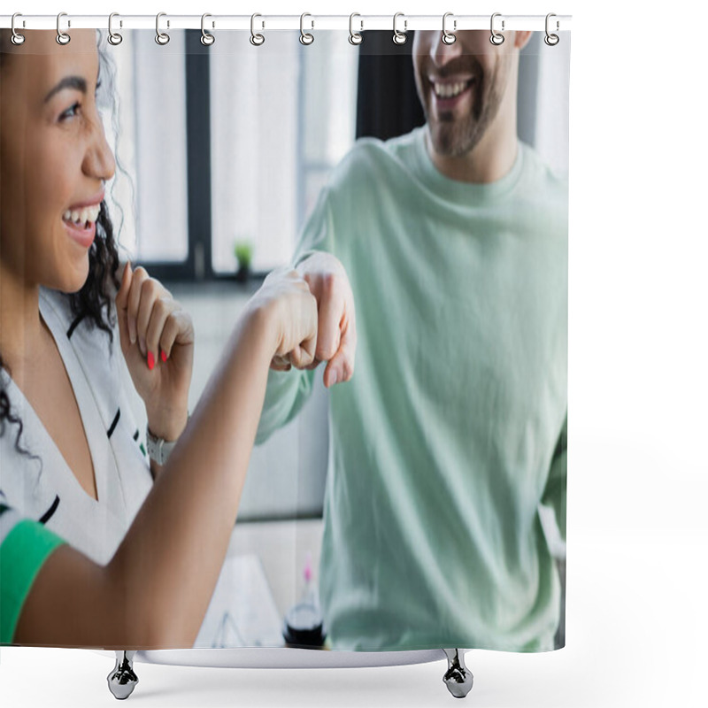 Personality  Cheerful African American Businesswoman Doing Fist Bump With Colleague On Blurred Background Shower Curtains