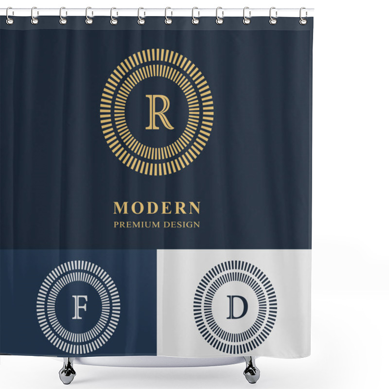 Personality  Modern Logo Design. Geometric Linear Monogram Template. Letter Emblem R, F, D. Mark Of Distinction. Universal Business Sign For Brand Name, Company, Business Card, Badge. Vector Illustration Shower Curtains