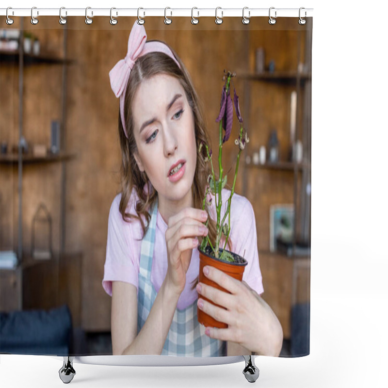 Personality  Woman Holding Plant In Flowerpot Shower Curtains