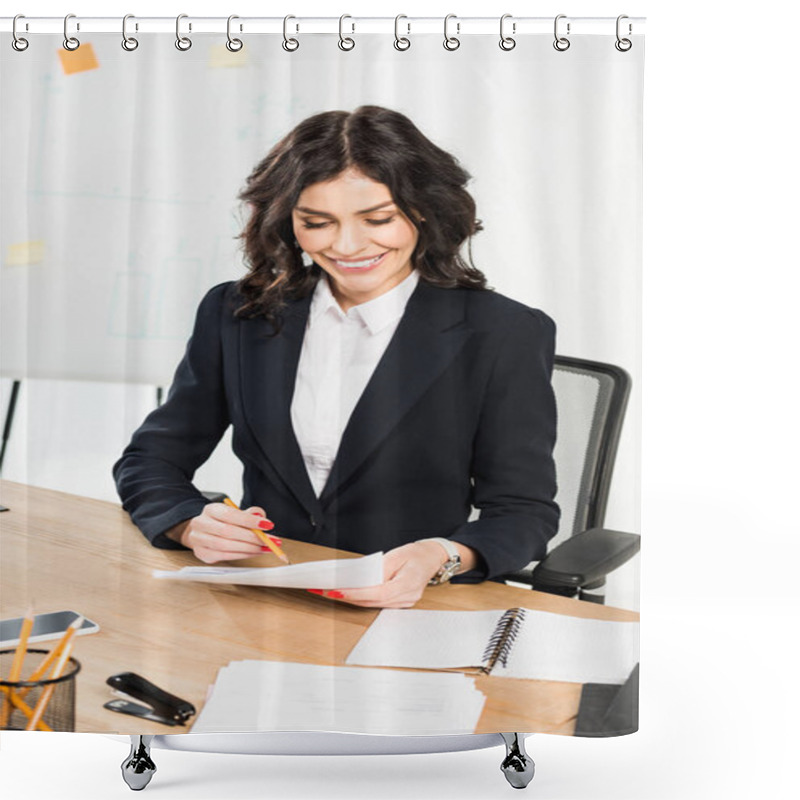 Personality  Happy Brunette Recruiter In Formal Wear Holding Document In Office  Shower Curtains