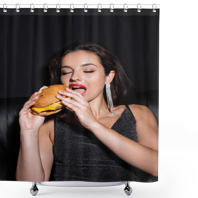 Personality  Stylish And Elegant Woman With Closed Eyes Eating Burger Isolated On Black Shower Curtains