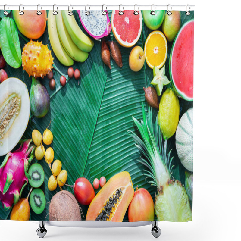 Personality  Assortment Of Tropical Fruits On Leaves Of Palm Trees. Top View Shower Curtains