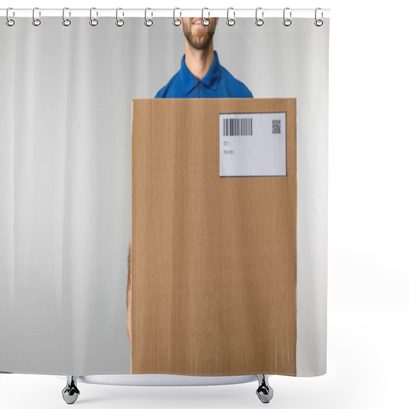 Personality  Cropped View Of Bearded Courier Holding Cardboard Package With Qr Code And Barcode Isolated On Grey Shower Curtains