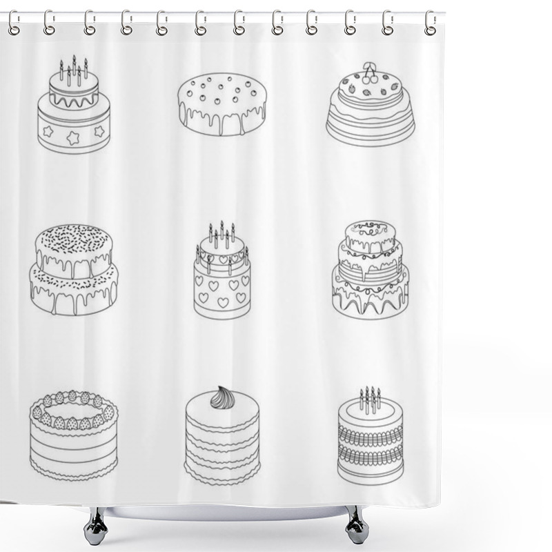 Personality  Cakes For The Holidays. A Set Of Different Sweets. Beautifully Decorated Cakes And Muffins.Cakes Icon In Set Collection On Outline Style Vector Symbol Stock Illustration. Shower Curtains