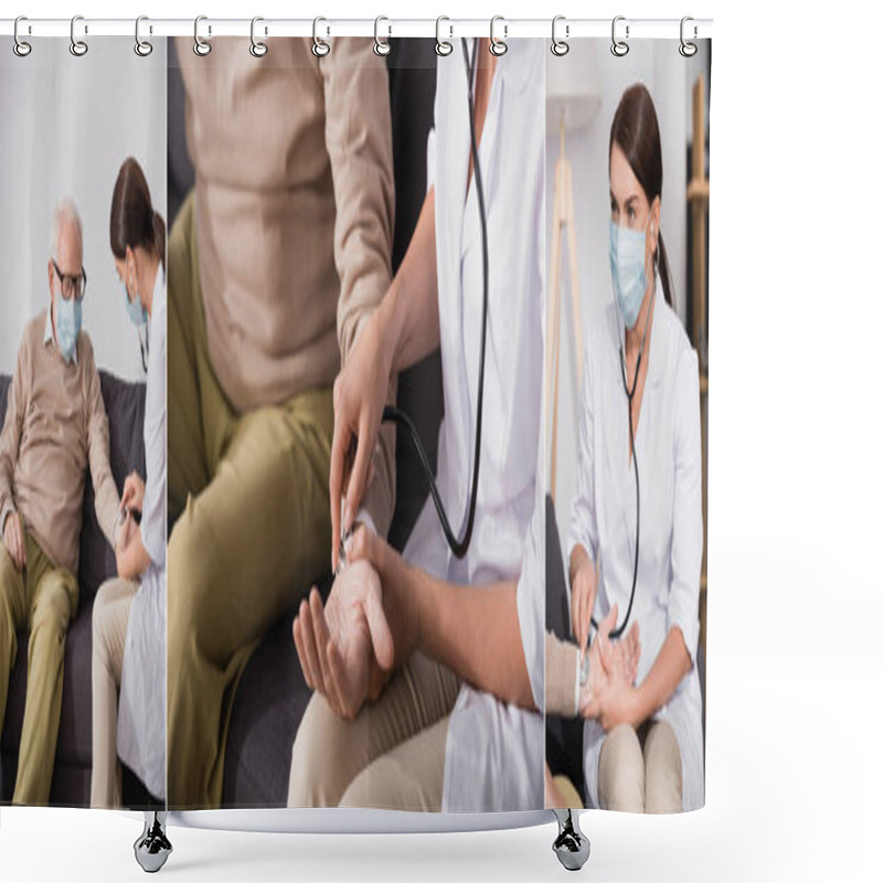 Personality  Collage Of Social Worker Examining Health Of Aged Patient With Stethoscope, Banner Shower Curtains