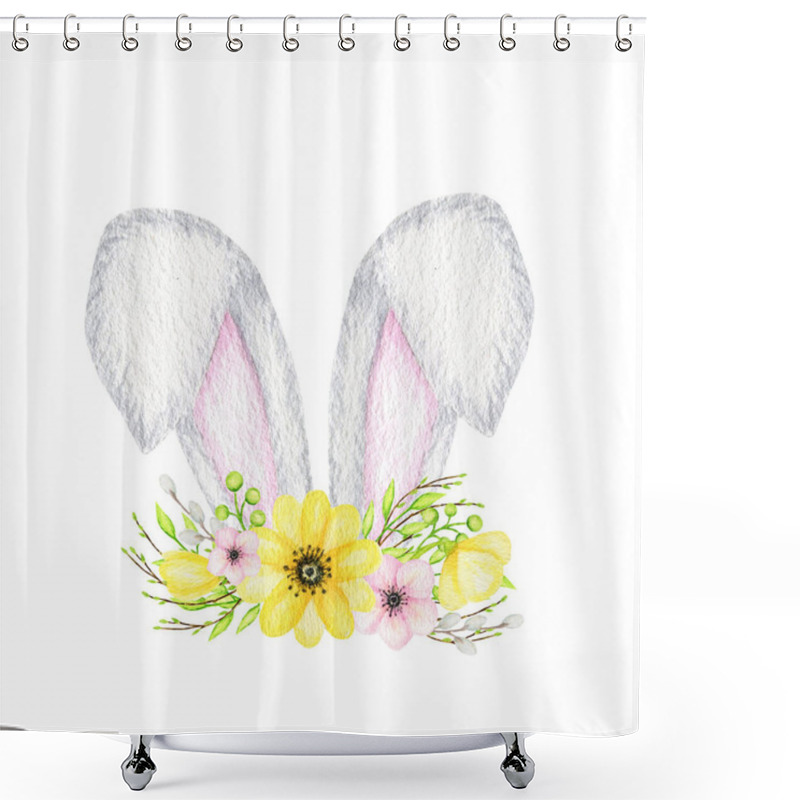 Personality  Watercolor Easter Bunny Ears With Floral Crown Isolated Yellow Pink Illustration On White Background. Hand Painted Cartoon Spring Holidays Rabbit Ears Shower Curtains