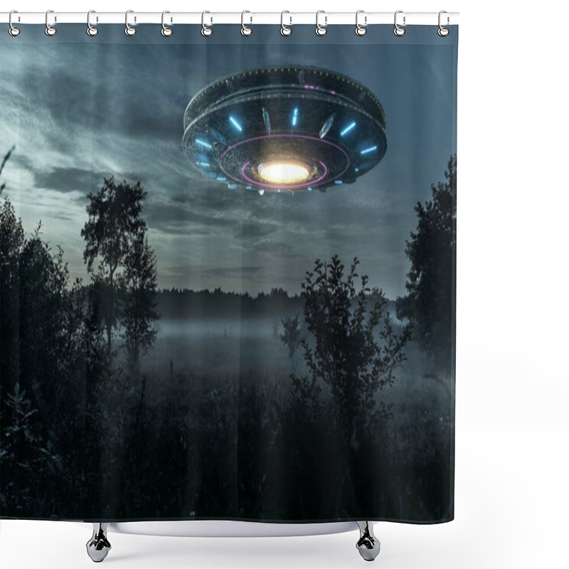 Personality  UFO, An Alien Plate Hovering Over The Field, Hovering Motionless In The Air. Unidentified Flying Object, Alien Invasion, Extraterrestrial Life, Space Travel, Humanoid Spaceship Mixed Medium Shower Curtains