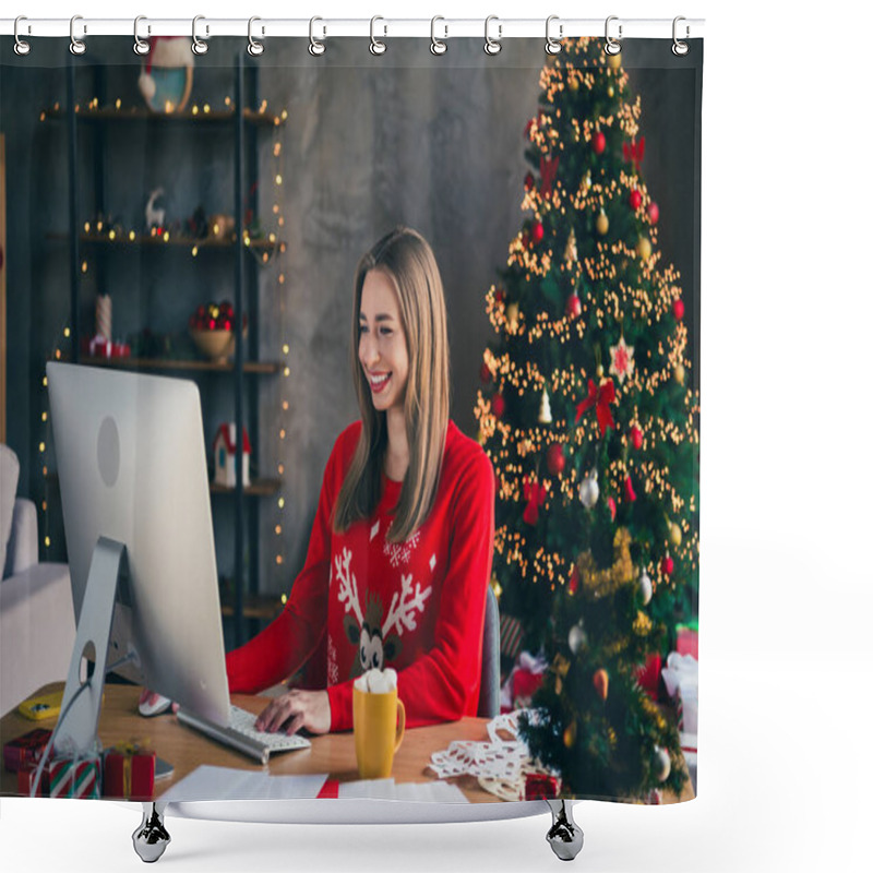 Personality  Photo Of Nice Young Girl Working Computer Wear Christmas Clothes Enjoy Modern Cozy X-mas Party Decoration Interior Flat Indoors. Shower Curtains