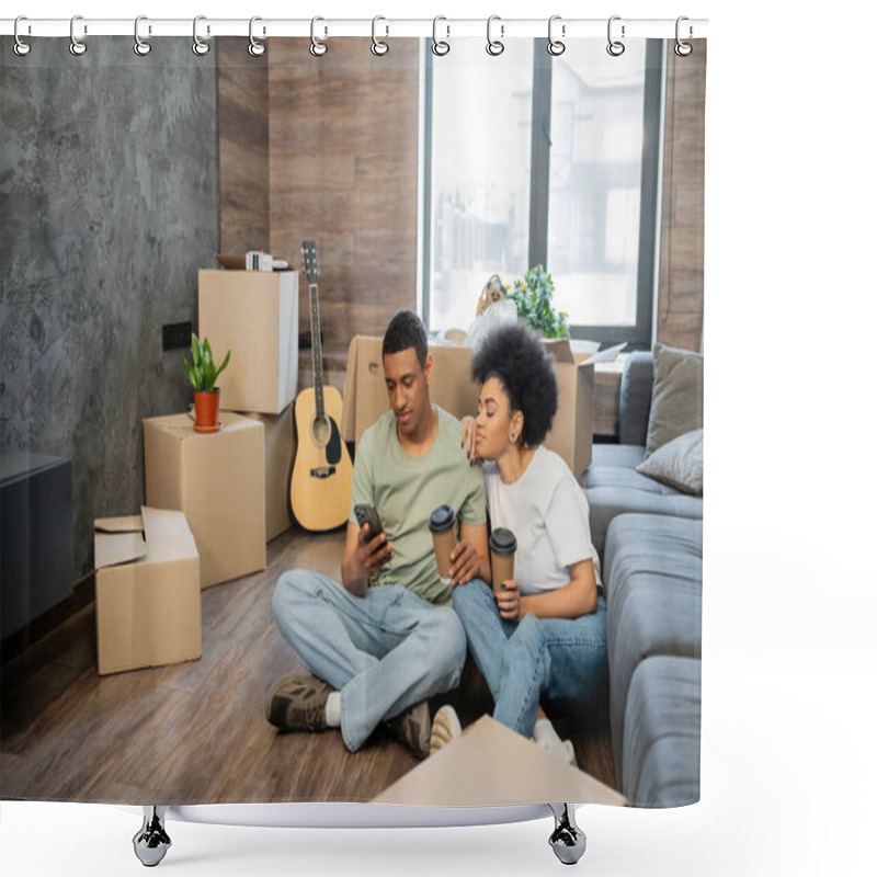 Personality  African American Couple Using Cellphone And Holding Coffee Near Packages In New Living Room Shower Curtains