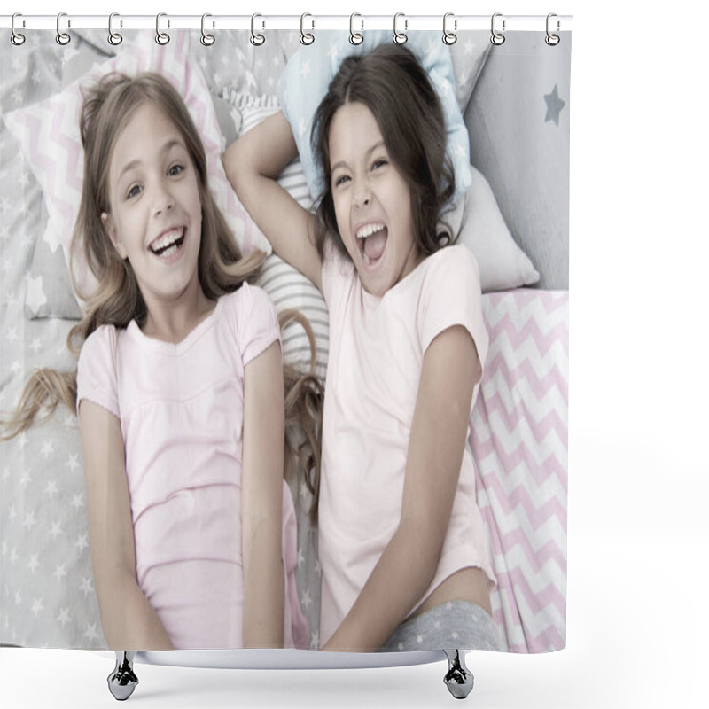 Personality  Pajama Party And Friendship. Pajama Party Of Two Happy Small Kids In Bedroom. Friendship Of Small Kids Girls With Happy Faces. Yeah Shower Curtains