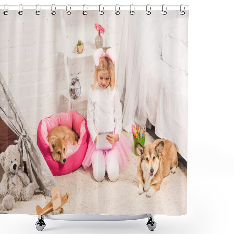 Personality  Cute Child In Bunny Ears Headband Sitting With Welsh Corgi Dogs At Home And Writing In Notebook Shower Curtains