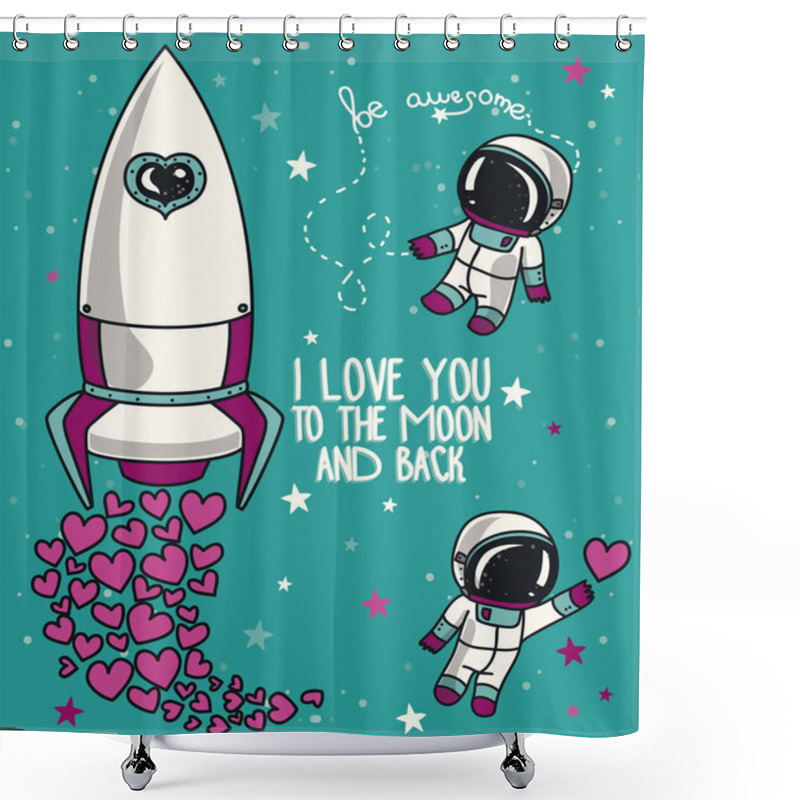 Personality  Cute Doodle Spaceship And Astronauts For Valentine's Day, Cosmic Vector Illustration Shower Curtains