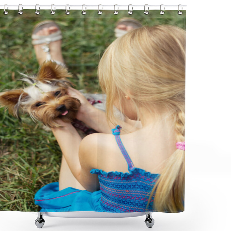 Personality  Girl 5 Years Old Back To Camera Plays With Yorkshire Terrier Shower Curtains