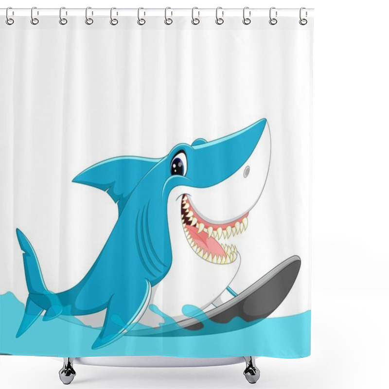 Personality  Cute Shark Surfing Cartoon Shower Curtains