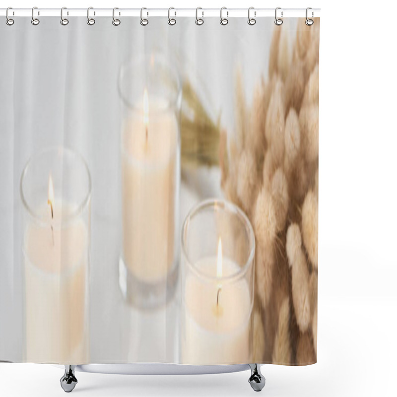 Personality  Selective Focus Of Fluffy Bunny Tail Grass And Burning White Candles In Glass Glowing On Marble White Surface, Panoramic Shot Shower Curtains