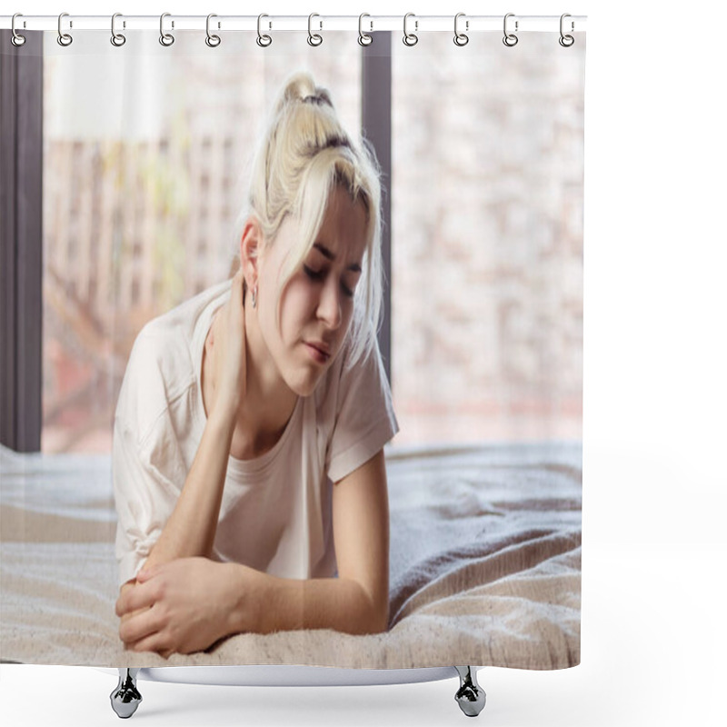 Personality  Upset Young Woman Lying In Bed In Morning Feels Pain In Neck After Night Sleep Shower Curtains