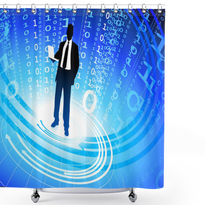 Personality  Businessman On Abstract Binary Code Background Shower Curtains