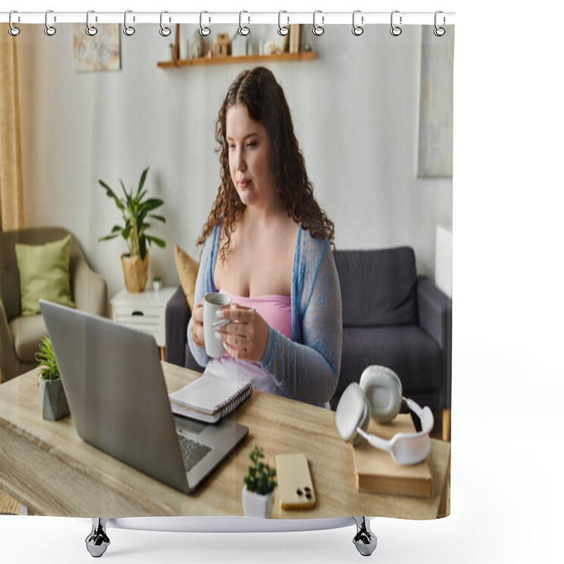 Personality  Dedicated Woman With Dark Hair Working At Home. Shower Curtains