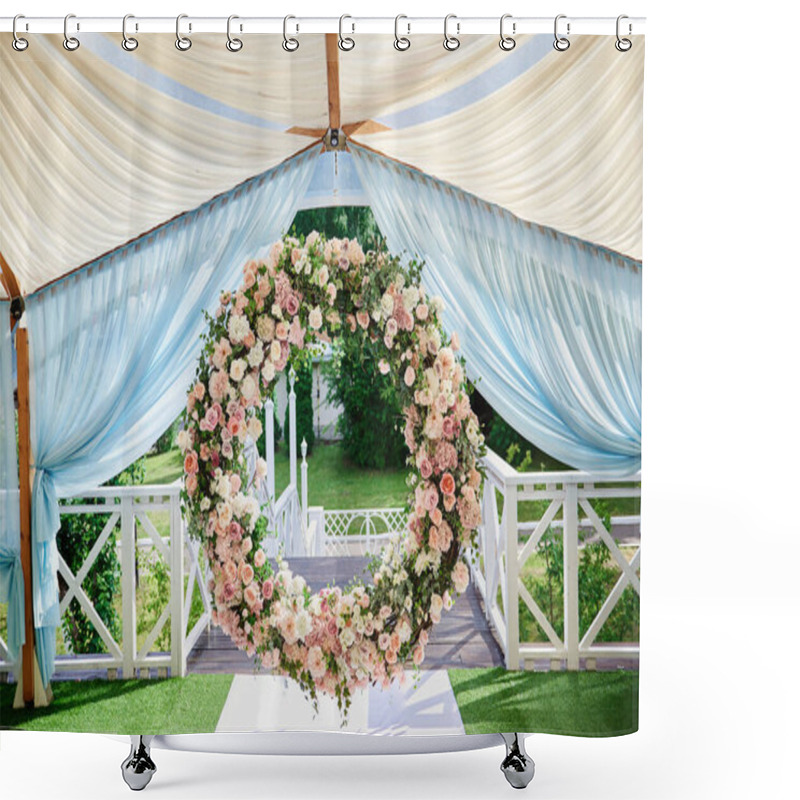 Personality  Arch For The Wedding Ceremony. Arch, Decorated With Beautiful Fresh Flowers And Cloth. Registration At The Place Of Marriage. Summer Wedding In A Marquee. Live Flowers, Textiles. Outdoor Decoration Shower Curtains