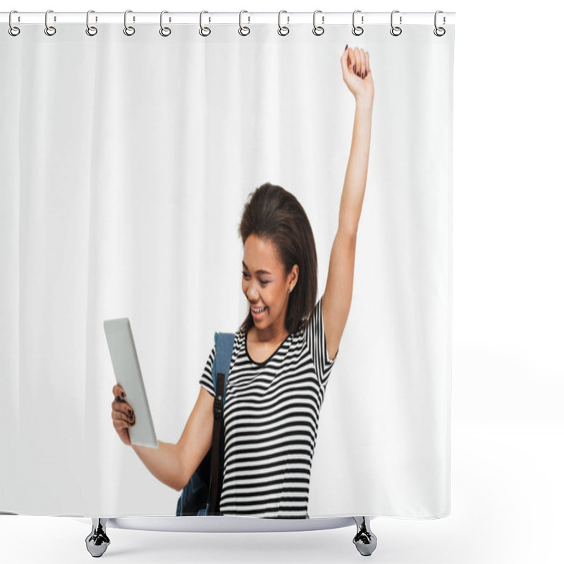 Personality  Happy Afro American Teenage Girl With Backpack Holding Pc Shower Curtains