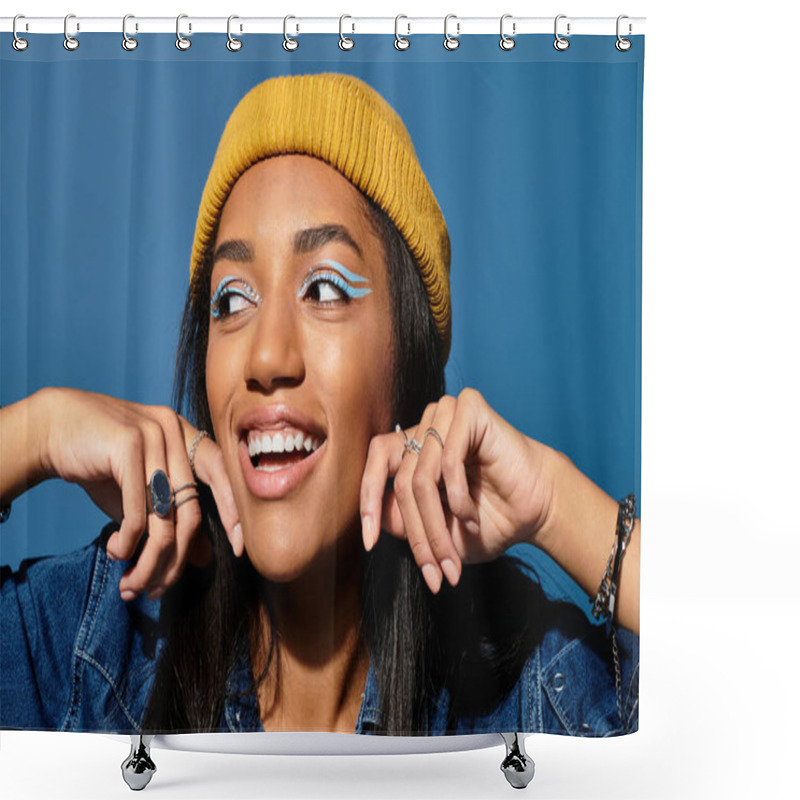 Personality  The Young Woman Smiles Radiantly, Showcasing Her Stylish Autumn Wear And Playful Makeup. Shower Curtains