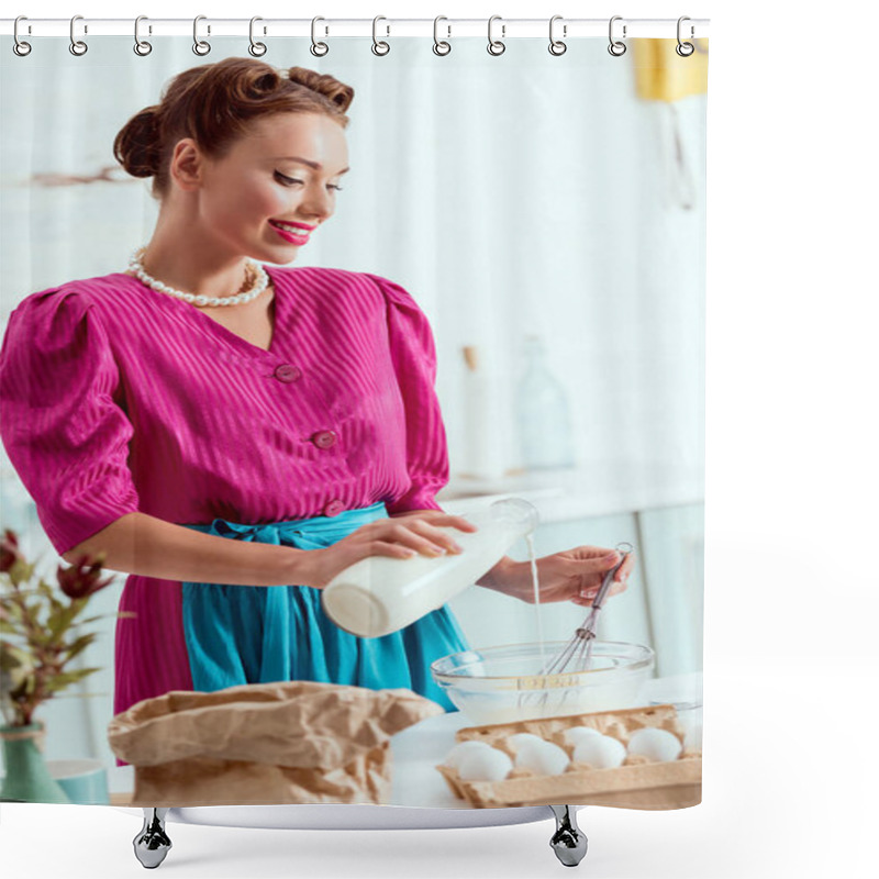 Personality  Smiling Pin Up Girl Adding Milk To The Ingredients For Making Dough And Looking At Camera Shower Curtains