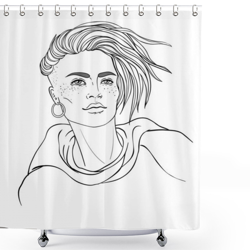 Personality  Portrait Of A Young Pretty Caucasian Woman With Short Pixie Cut. Vector Illustration Isolated. Hand Drawn Art Of A Boyish Looking Girl. Modern Haircut For Woman. Shower Curtains