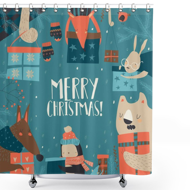 Personality  Cartoon Happy Animals Holding Christmas Presents. Happy Holidays Shower Curtains