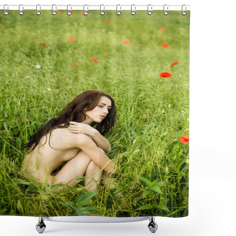 Personality  Naked Woman In Green Field With Poppy Shower Curtains