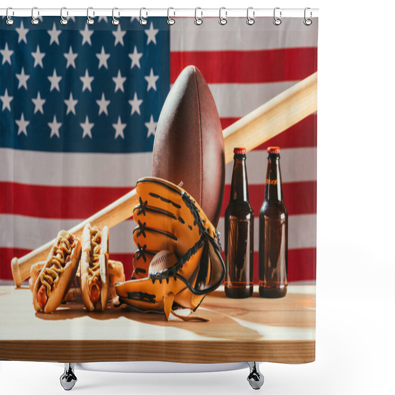 Personality  Close-up View Of Beer With Hot Dogs And Sport Equipment With American Flag Behind   Shower Curtains