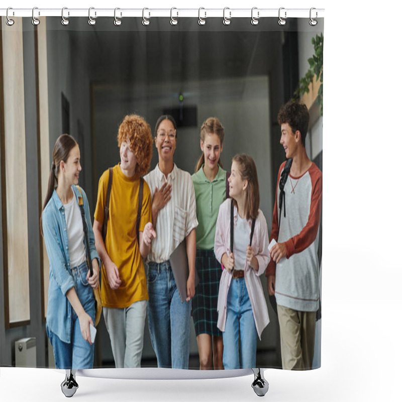 Personality  Back To School, Cultural Diversity, Teacher And Teenage Students Walking In School Hallway, Smile Shower Curtains