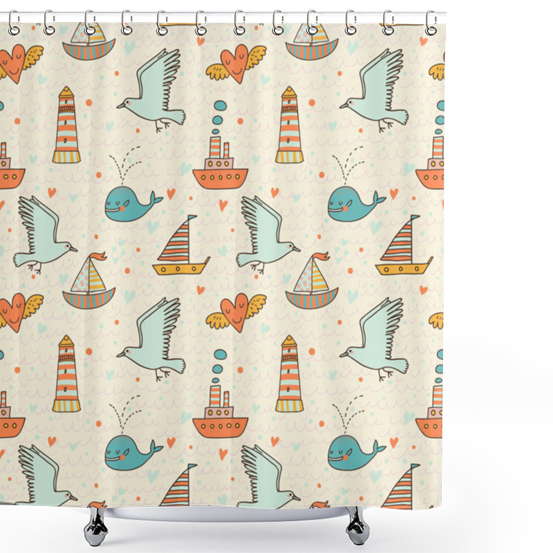 Personality  Marine Concept Seamless Pattern. Whale, Boat, Ship, Lighthouse, Seagull In Funny Cartoon Background In Vector Shower Curtains