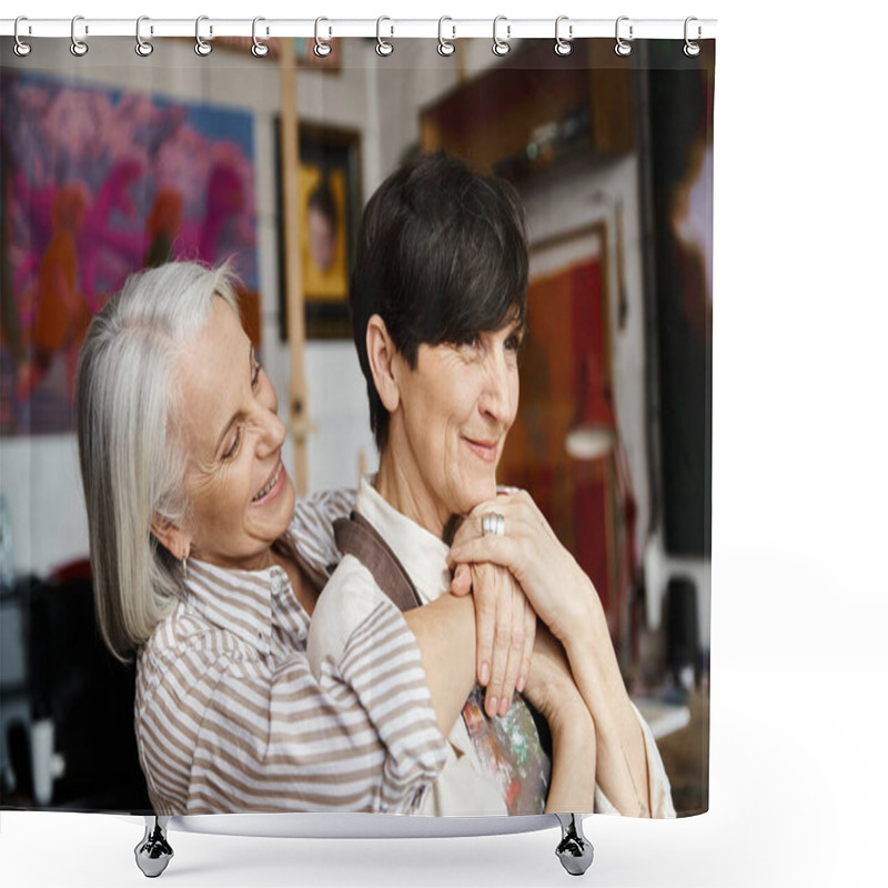 Personality  Two Women Hugging In A Cozy Room. Shower Curtains