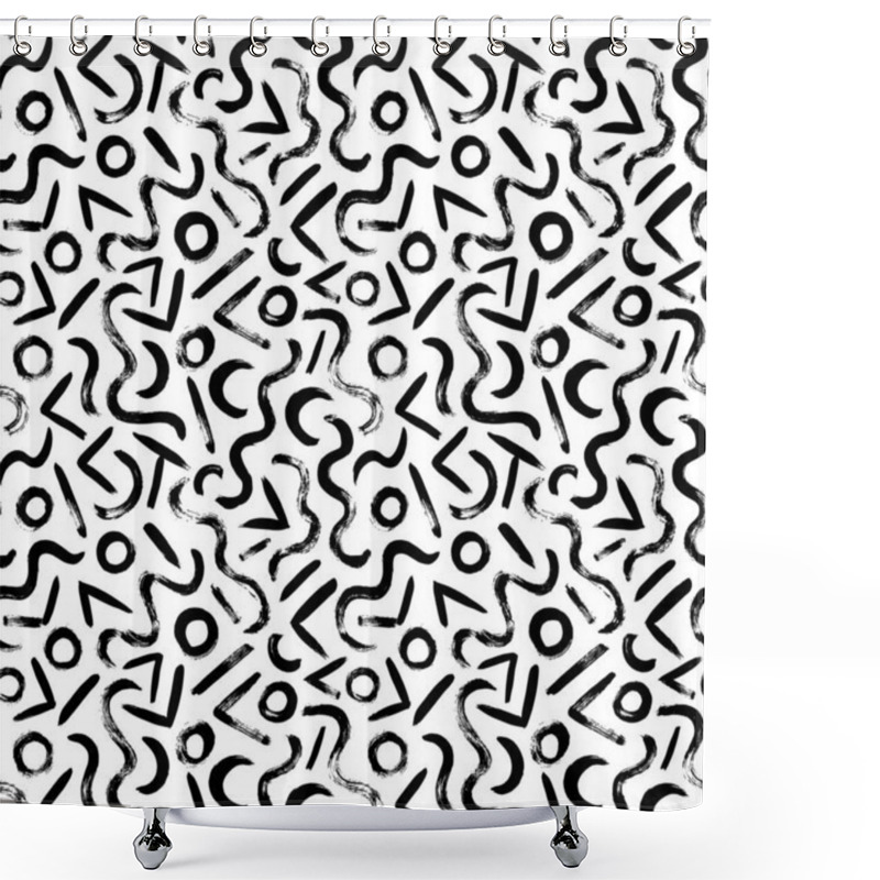 Personality  Simple Geometric Figures Vector Seamless Pattern. Organic Grunge Squiggle Lines, Triangles And Circles. Biological Motif, Memphis Ornament. Abstract Ornament. Black Paint Dry Simple Brushstrokes. Shower Curtains