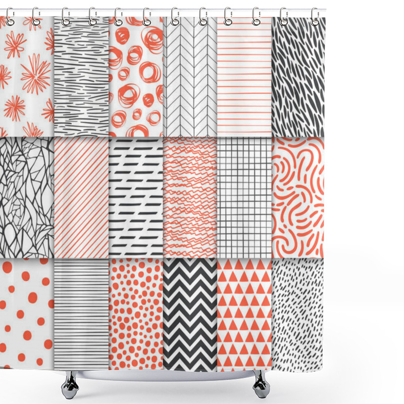 Personality  Abstract Hand Drawn Geometric Simple Minimalistic Seamless Patterns Set. Polka Dot, Stripes, Waves, Random Symbols Textures. Vector Illustration Shower Curtains