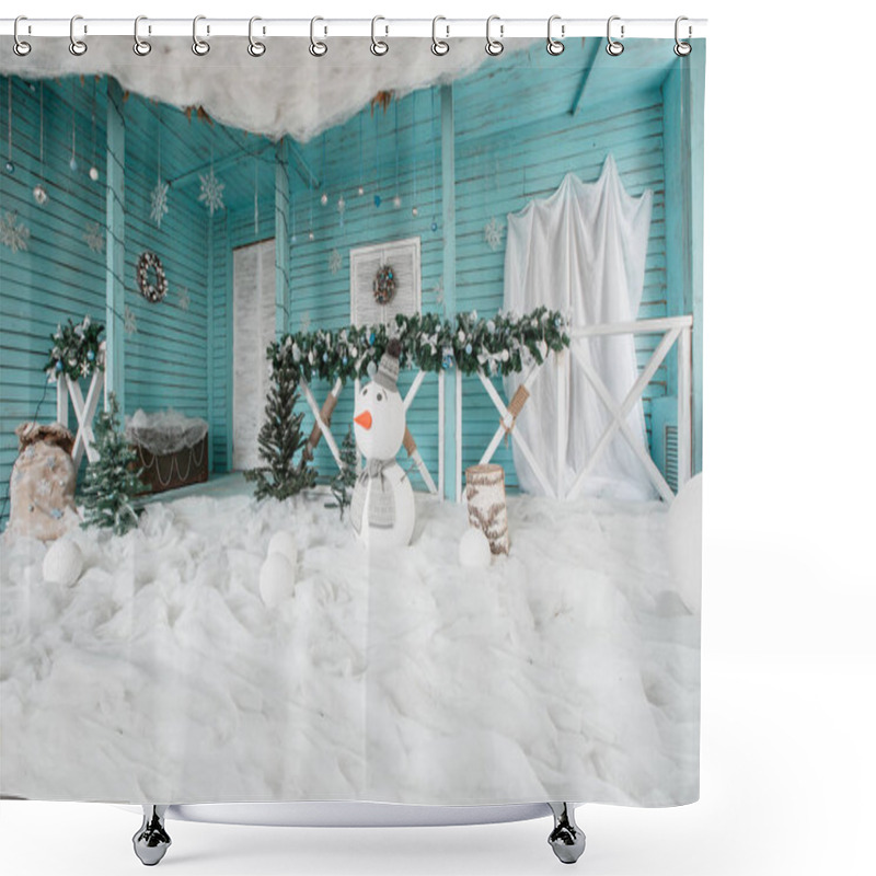 Personality  Christmas Snowman Decoration. The Terrace With Fir Garlands Shower Curtains