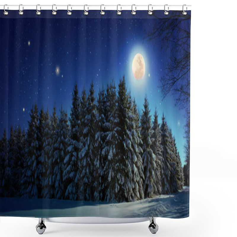 Personality  Christmas Background With Stars And Big Moon In Winter Forest. Shower Curtains