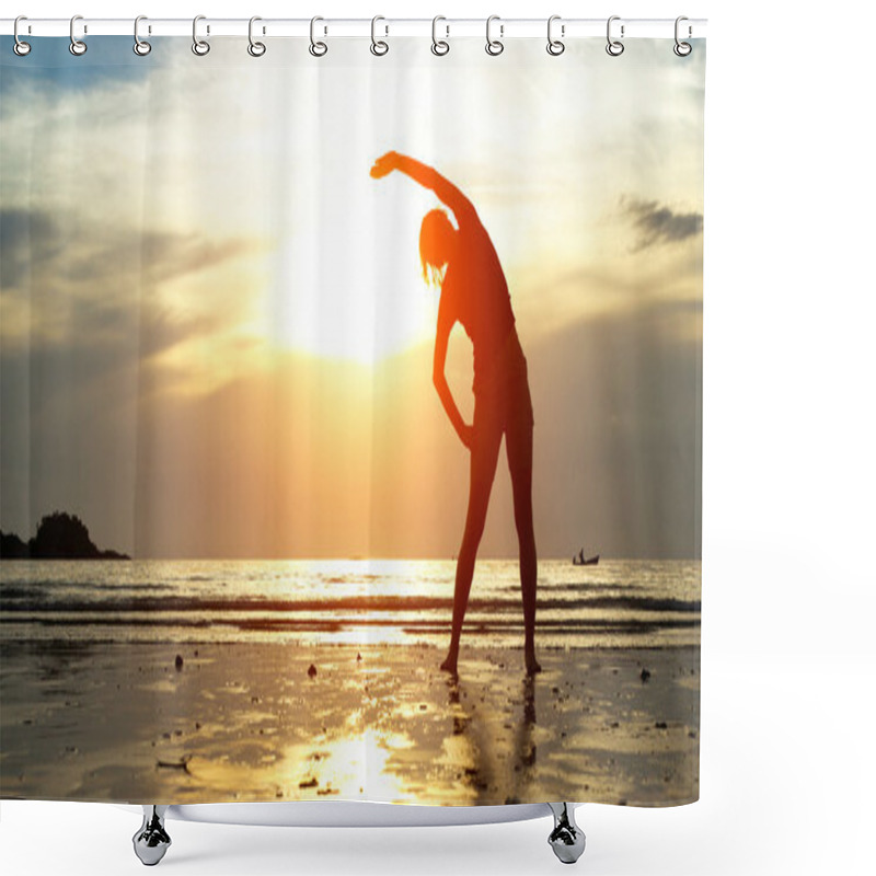 Personality  Silhouette Young Woman, Exercise On The Beach At Sunset. Shower Curtains