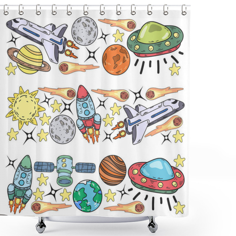 Personality  Vector Doodle Space Pattern. Earth, Moon, Jupiter, Sun, Saturn. Shower Curtains