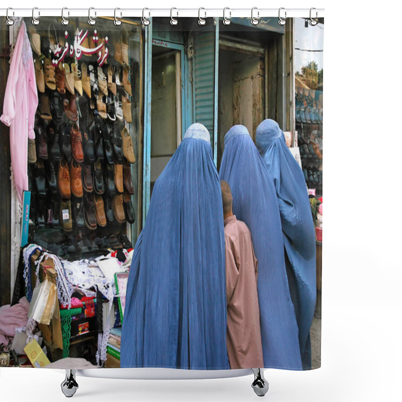 Personality  Kabul In Afghanistan. Afghan Women Standing Outside A Shoe Store In Kabul, Afghanistan. The Women Are Wearing Blue Burqas (burkas). The Blue Burqa (burka) Is Traditional In Afghanistan. Shower Curtains